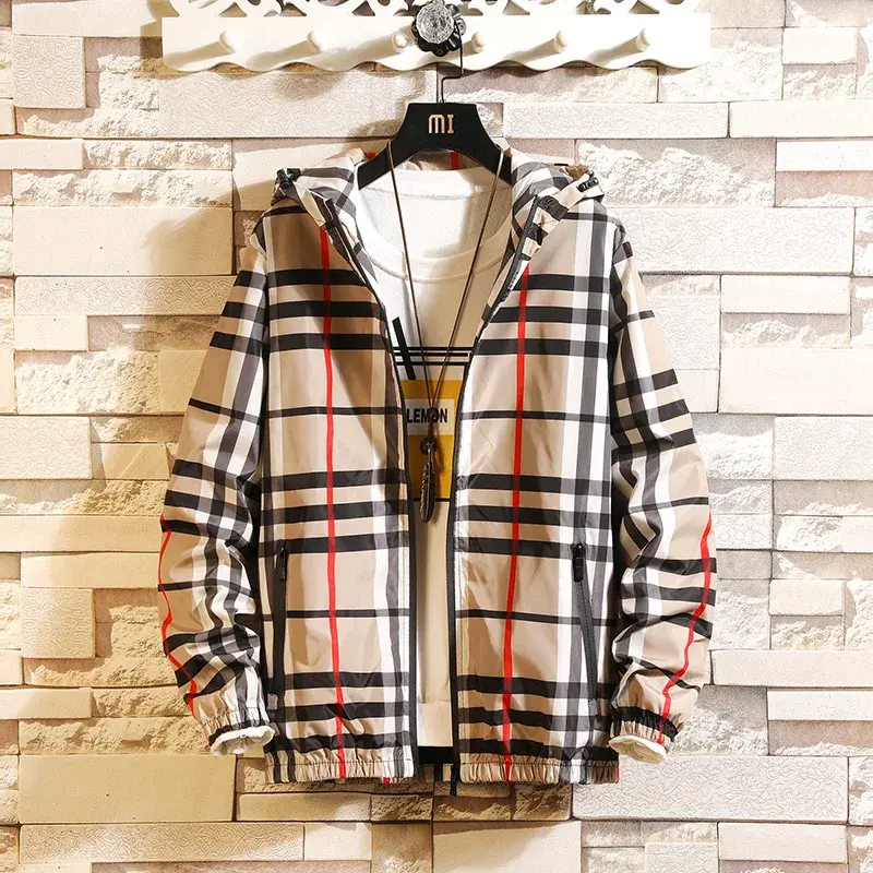 Trendy Korean Style Men's Plaid Jacket Spring Autumn New Arrival Slim Fit Hooded