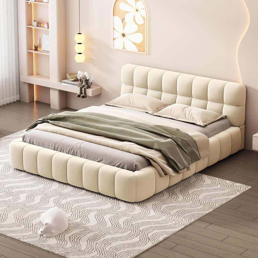 Beige Linen Wingback Upholstered Bed with Low Platform, No Box Spring Required