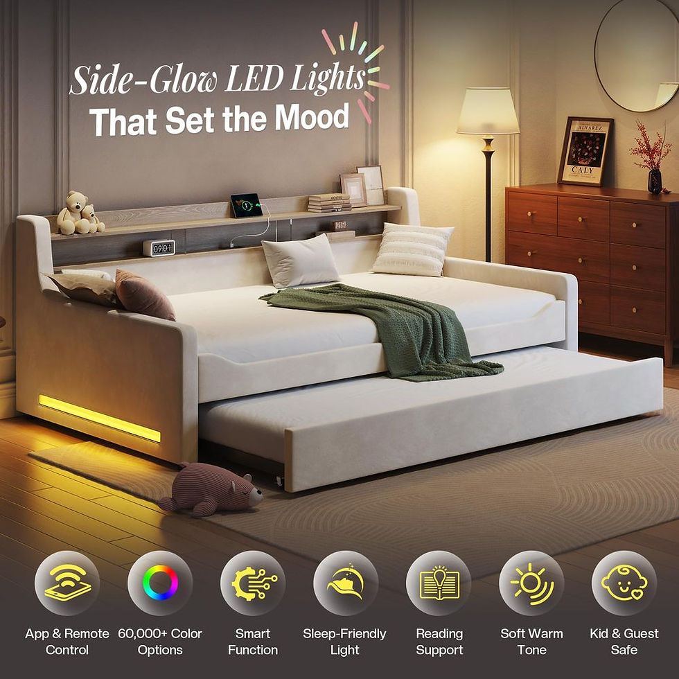 Thumbnail: Twin Daybed with Trundle, Upholstered Velvet Bed Frame with LED Night Light, Sto