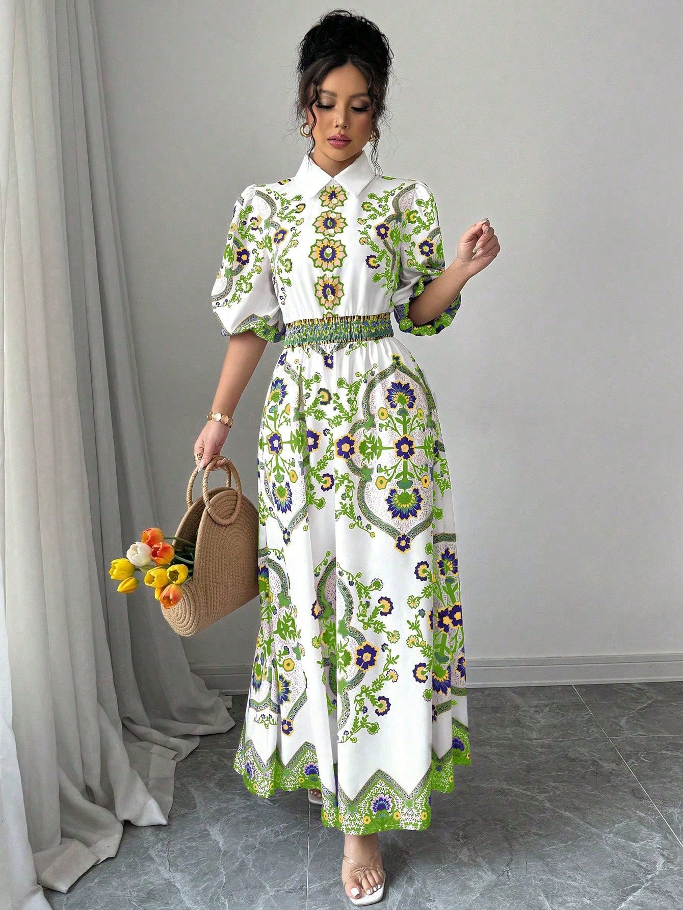 Vintage Floral Totem Print Women's Shirt Dress Elegant Turn Down Collar Puff Sle