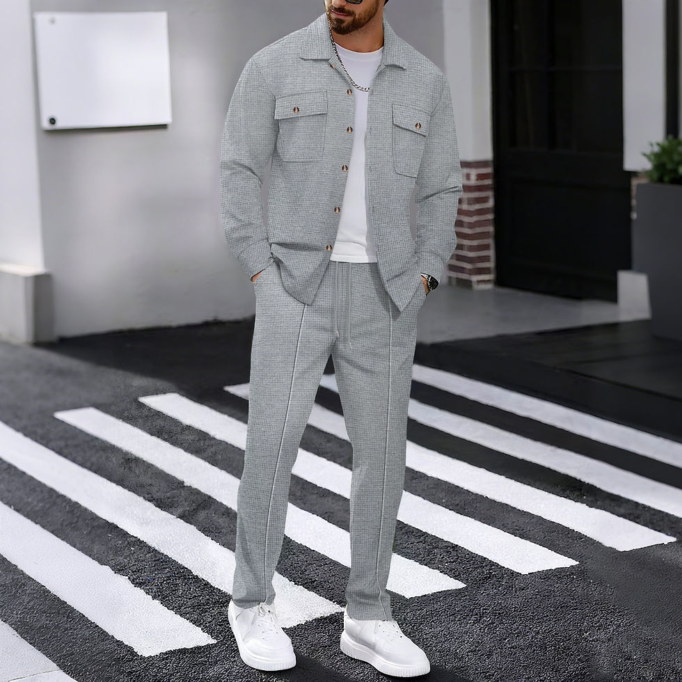 Thumbnail: Men's casual two-piece waffle texture suit (including button-down top and elasti