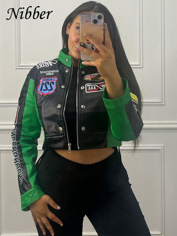Nibber Hipster Patchwork Jacket Women Y2K Letter Print Hipster Uniform Street Si