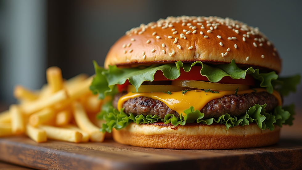 Close-up view of a loaded burger with fries on the side