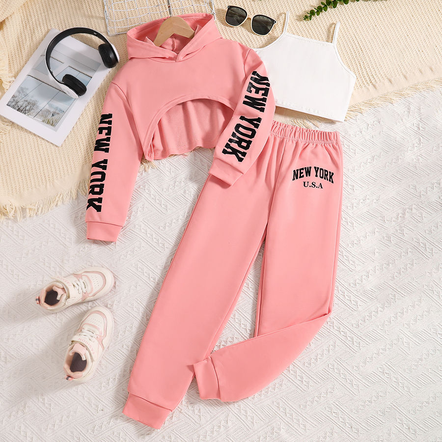 Children's clothing Spring and Autumn fashion girls' set letter printed pink hoo