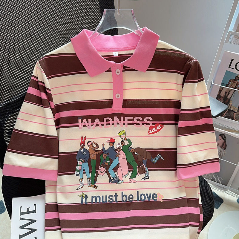 Thumbnail: Short Sleeved T-shirt Women's Summer 2023 Trendy Stripe Polo Top Large Women's S