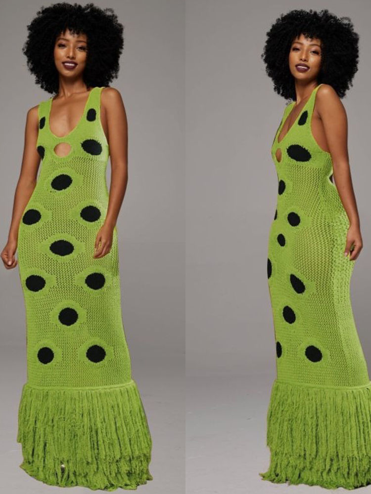 Thumbnail: Nibber Multilayer Tassels Hem Maxi Dress Knit Dot Women Hollow Low-Neck Sleevele