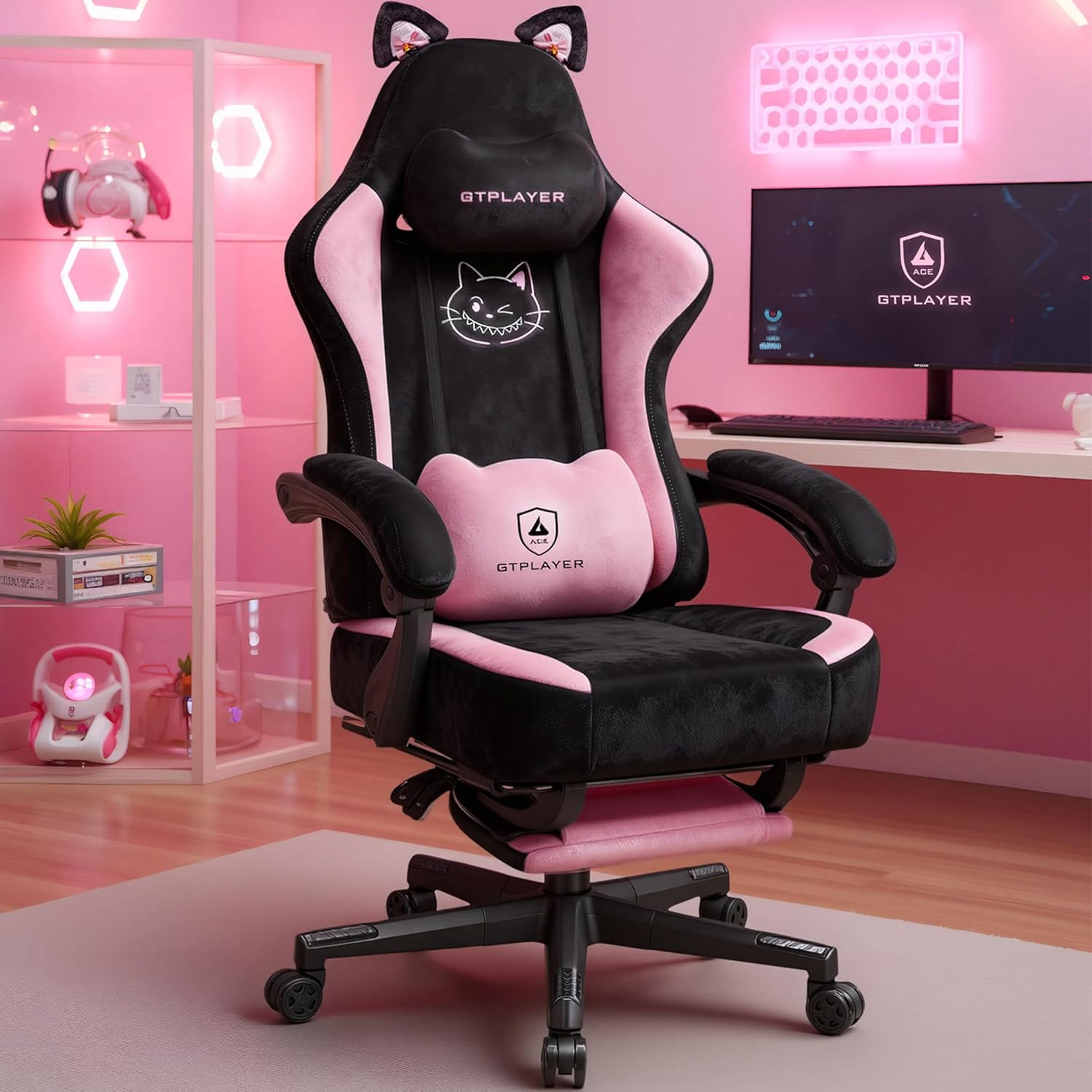 Cat Ear Gaming Chair: Cute Ergonomi Computer Chair with Cat Embroidery, Adjustab