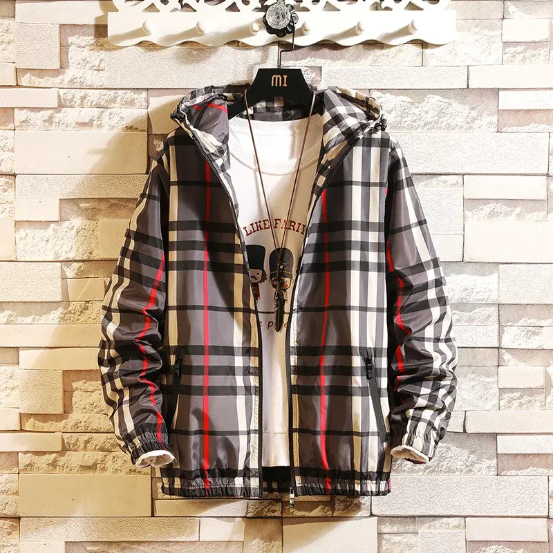 Thumbnail: Trendy Korean Style Men's Plaid Jacket Spring Autumn New Arrival Slim Fit Hooded
