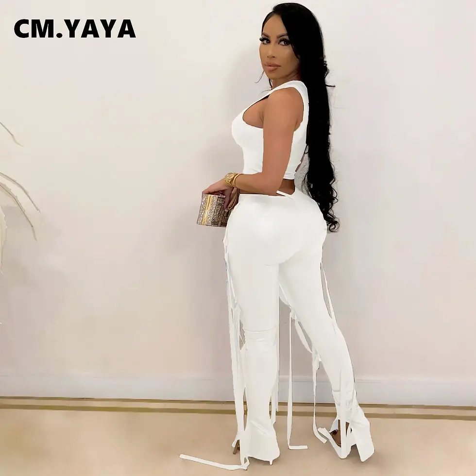Miniaturbild: CM.YAYA Faux Leather Women's Set Drawstring Lace Up Slit Leggings Pants Suit and