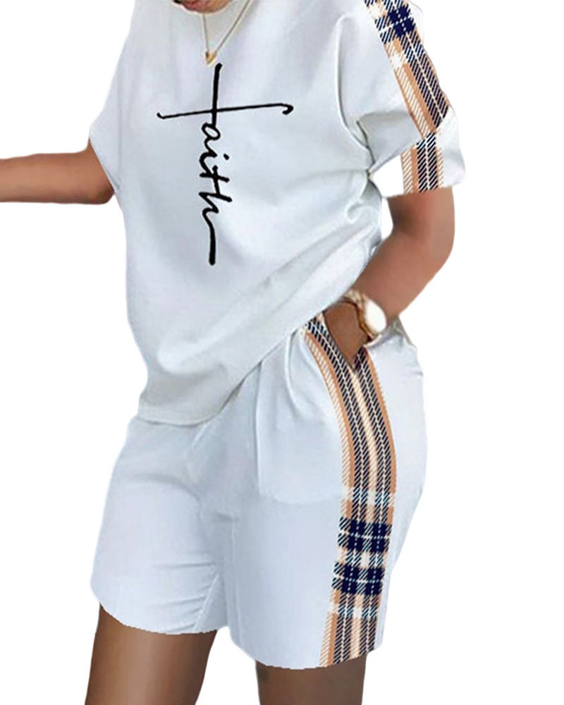 Miniature : Women Casual Short Sleeve Two Piece Sets Women Outfit 2024 Summer Plaid Printe P