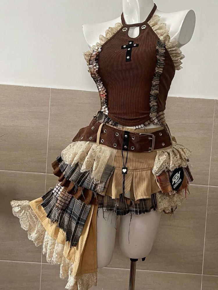 Thumbnail: Summer Vintage Elegant Y2K Woman 2 Piece Sets Punk Gothic Strapless Crop Tops +H