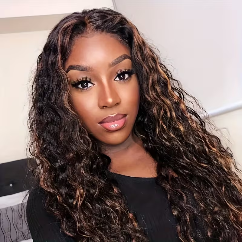 Thumbnail: Curly 1b30 Highlight Human Hair Wigs Pre Cut Lace 5x5 Glueless Wigs Deep Wave 13