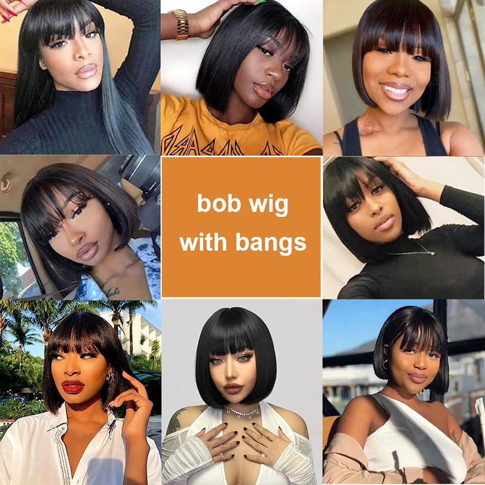 Miniaturbild: Peruvian Hair Straight Bob Non Lace Wigs 100% Human Hair Wig With Bang Natural C