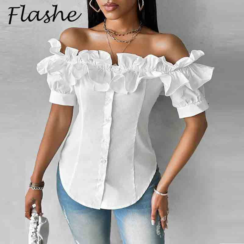 Summer Sexy Off Shoulder Shirt Blouse Women Fashion Solid Ruffles Patchwork Shor