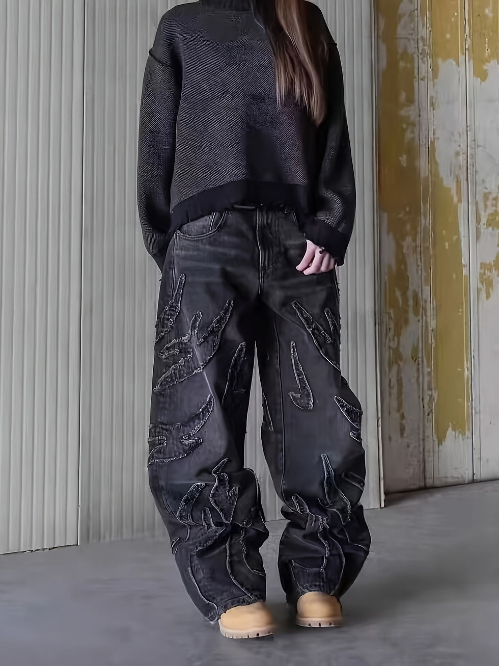 Miniature : European and American Embroidered Street Graffiti Wide-Leg Jeans for Men, Loose 