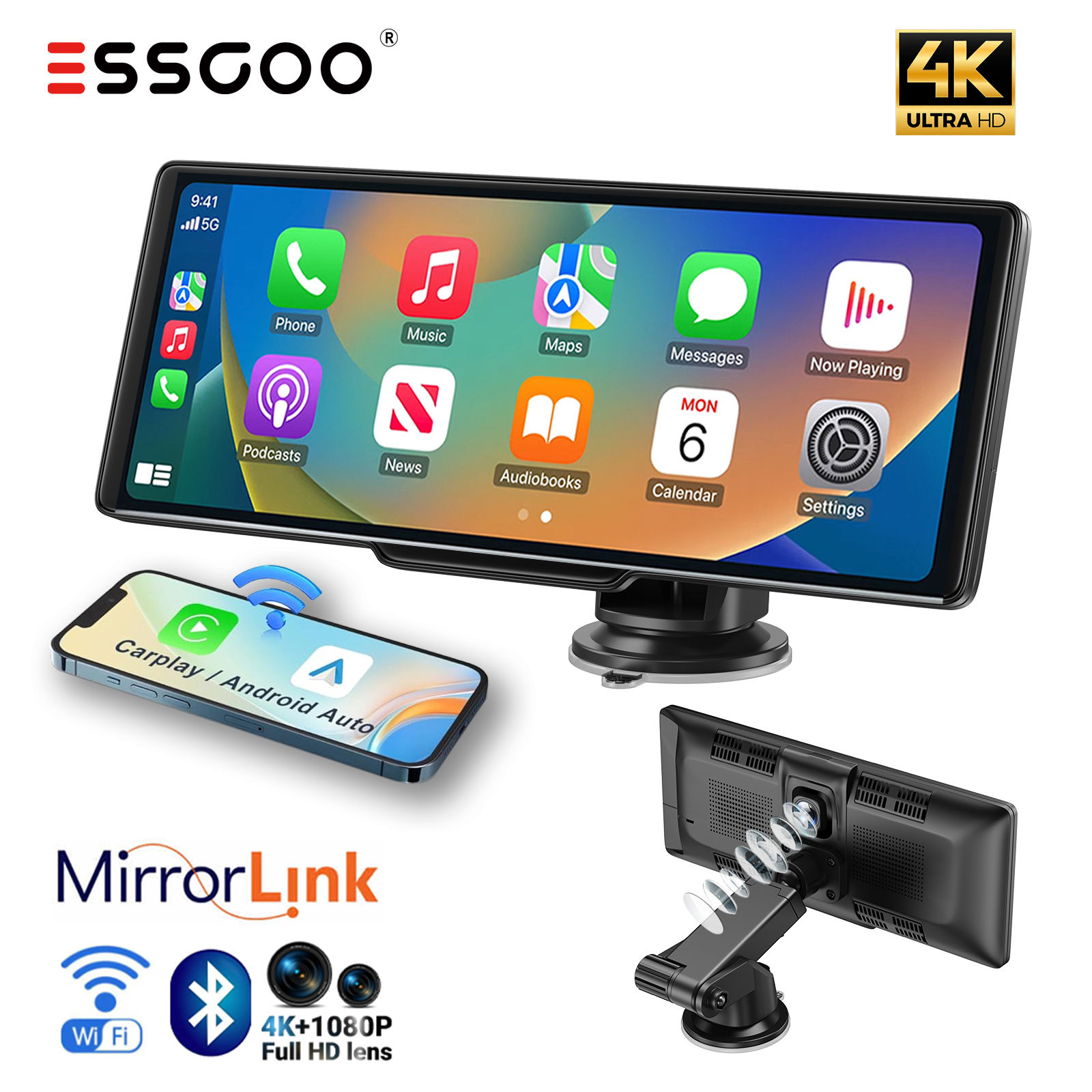 ESSGOO 10.26-Inch 4K Dash Cam DVR Wireless Carplay Android Auto Front Rear Dual