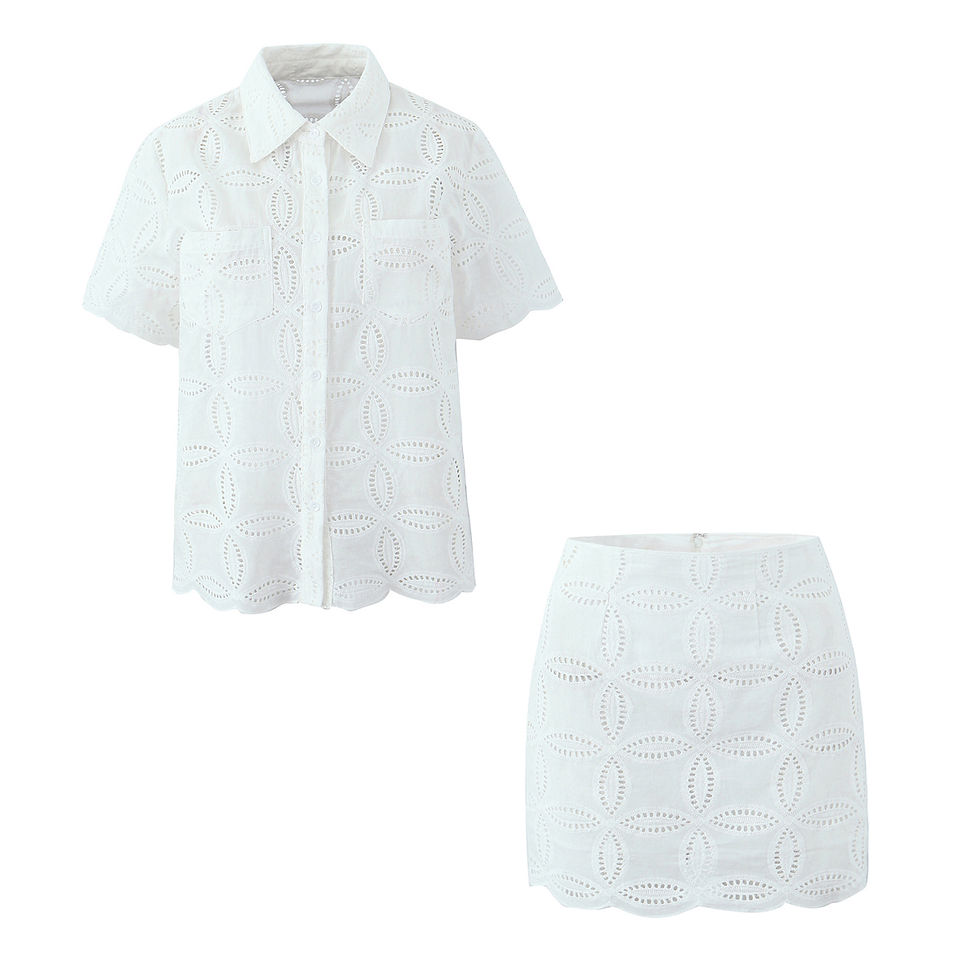 Miniatura: 2 Pieces 1 Set 2025 Sexy Women White Embroidery Hole Loose Short Sleeve Shirt Ba