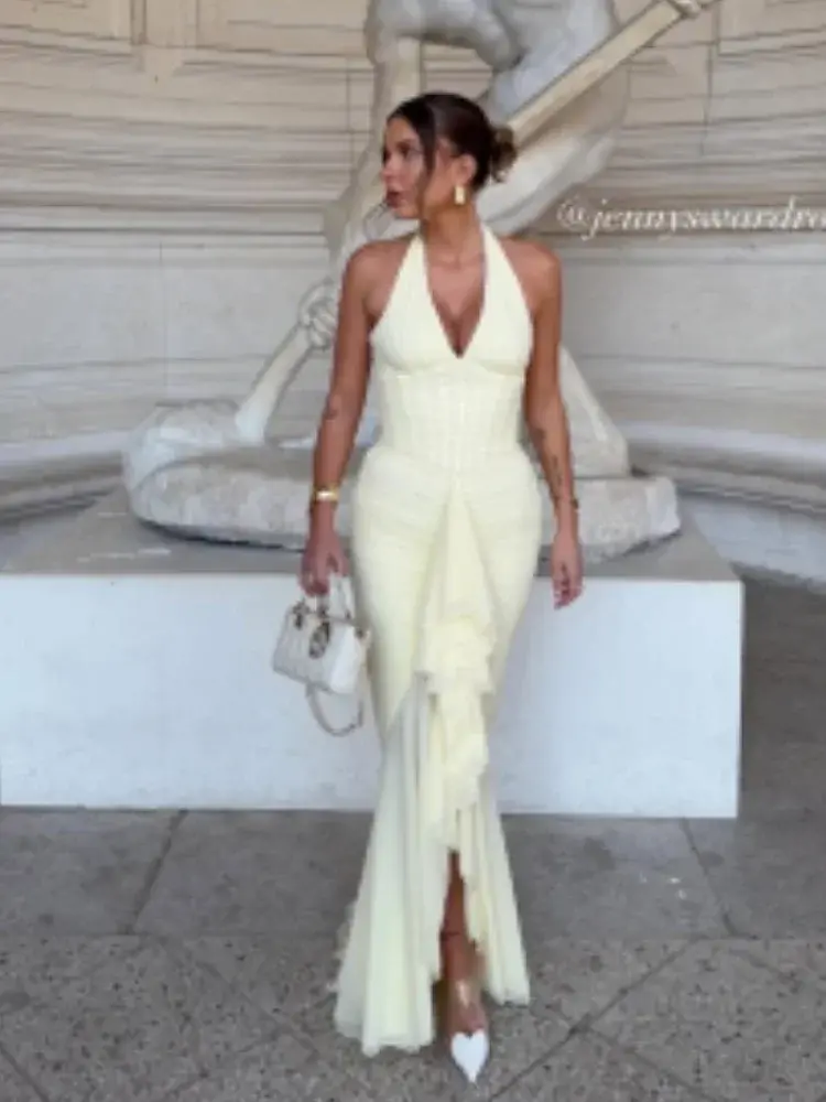 Thumbnail: Women Neck Ruched Sexy Yellow Halter Maxi Dress Deep V-neck Asymmetric Ruffle He