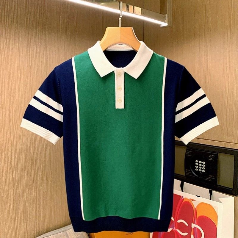 Color Block Lapel Knitted Short-sleeved Polo Shirt Men's Fashion Trend Ins Versa