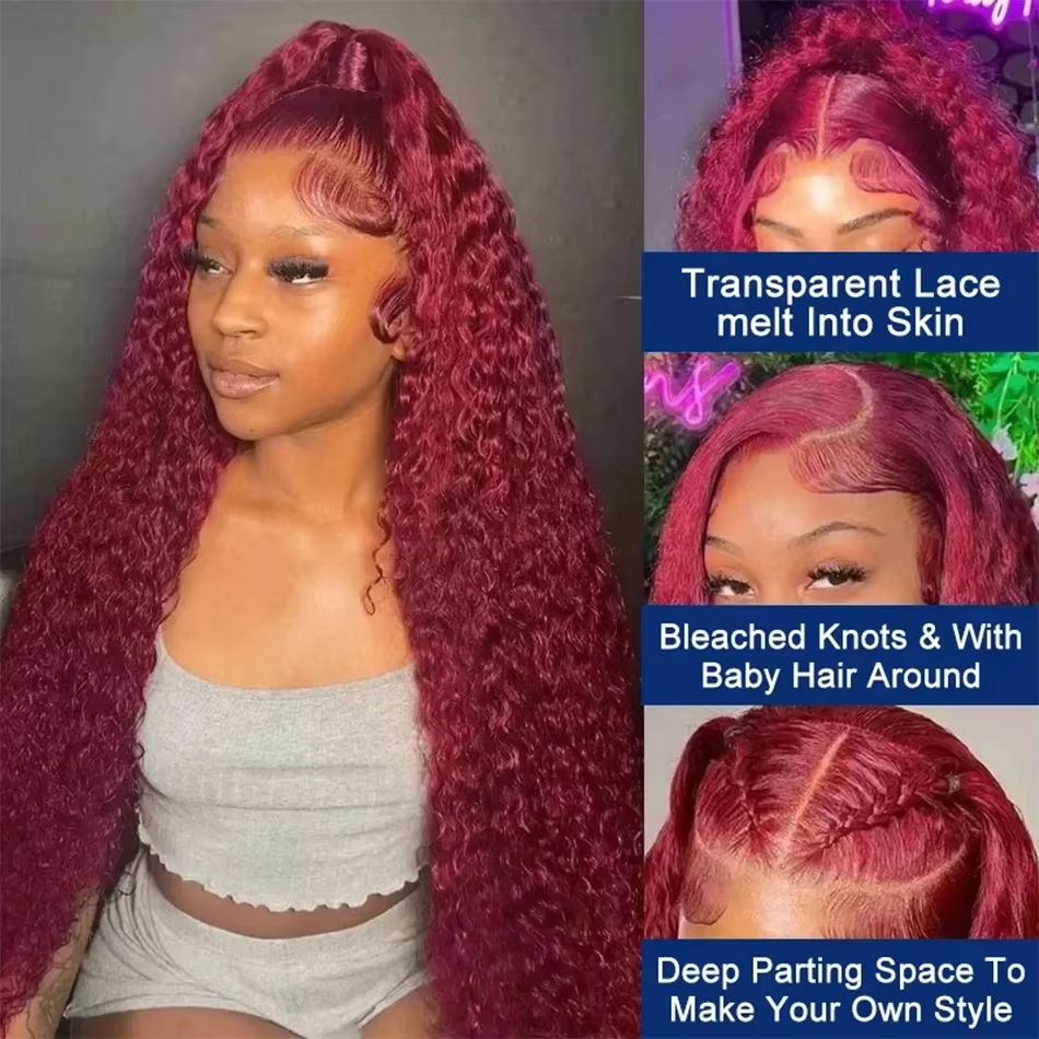 Miniatura: 99J Human Hair Wig Burgundy Deep Wave 13x6 HD Lace Front Wig Curly Red Color 13x