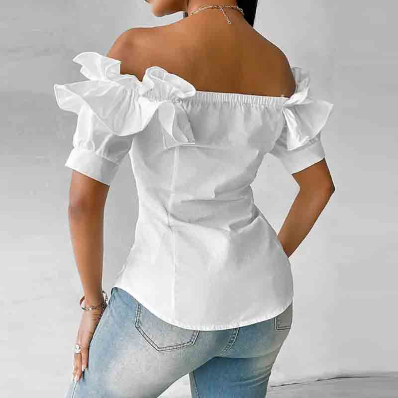 Miniaturbild: Summer Sexy Off Shoulder Shirt Blouse Women Fashion Solid Ruffles Patchwork Shor