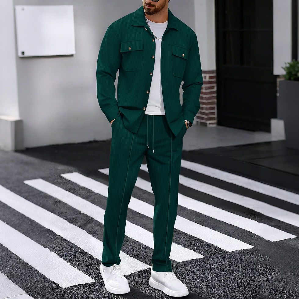 Thumbnail: Men's casual two-piece waffle texture suit (including button-down top and elasti