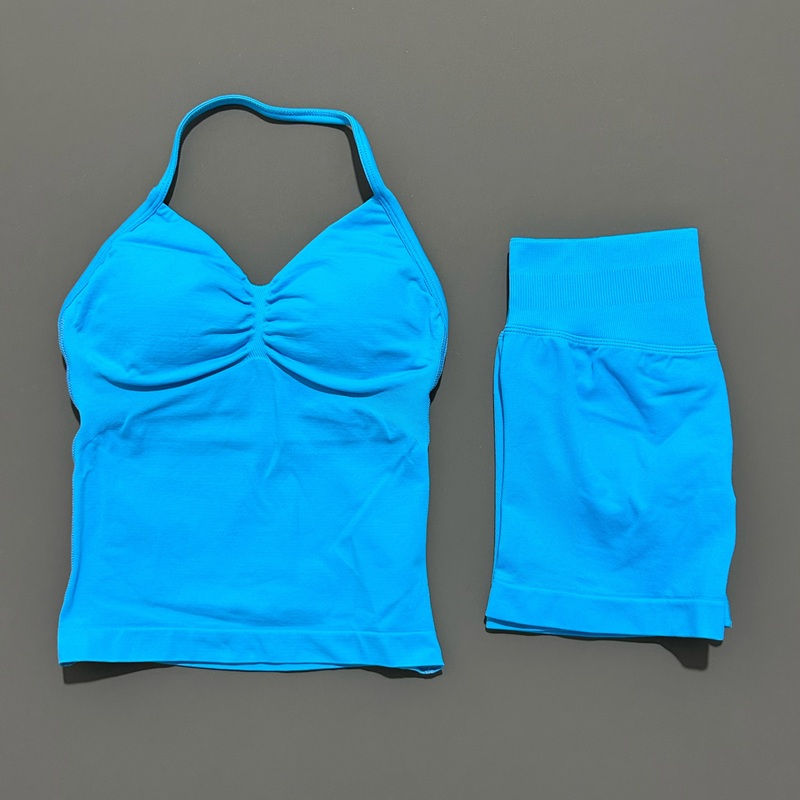 Thumbnail: HISTELLO 2 Pieces Sports Set Women Yoga Longline Strap Top Scrunch Seamless Shor