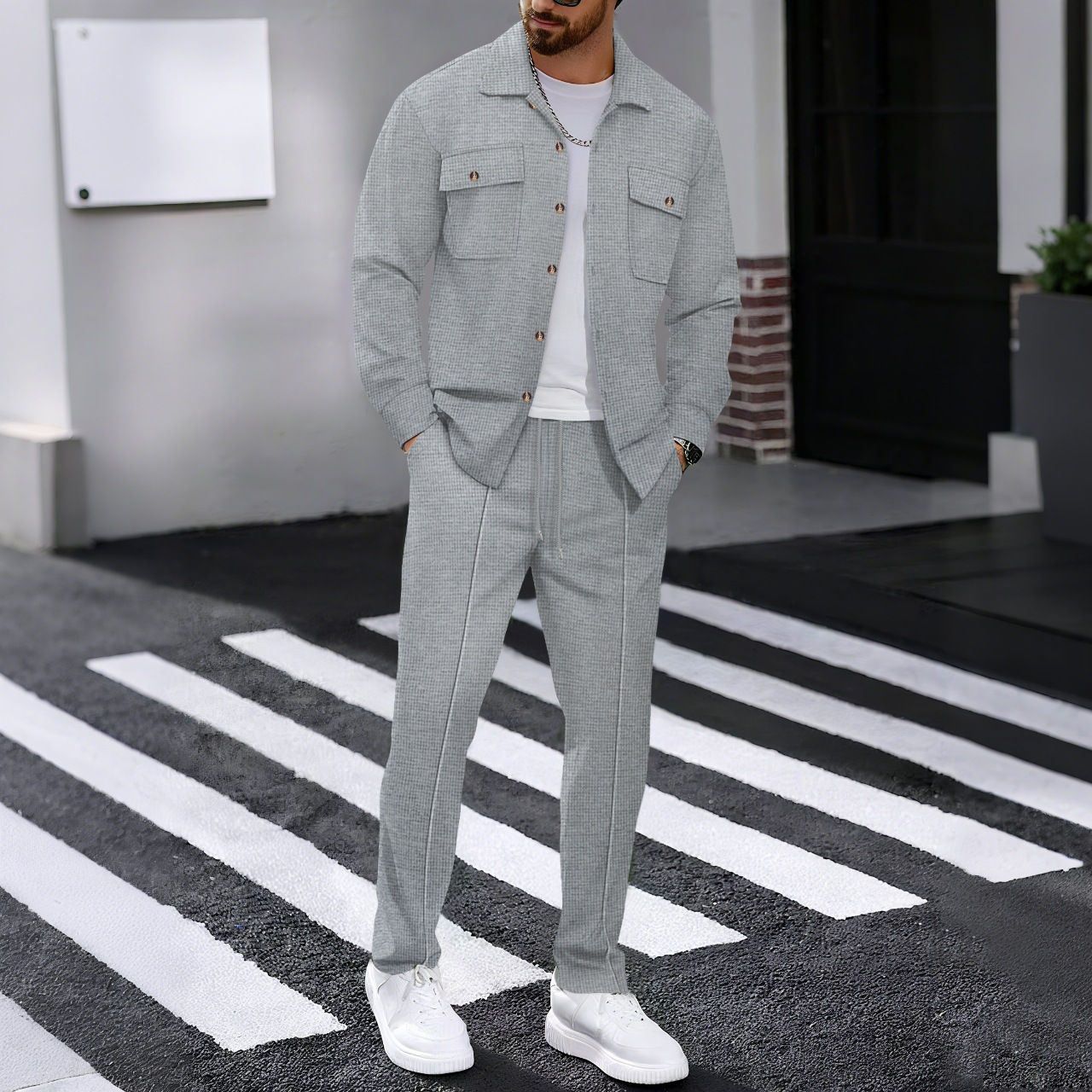 Men's casual two-piece waffle texture suit (including button-down top and elasti
