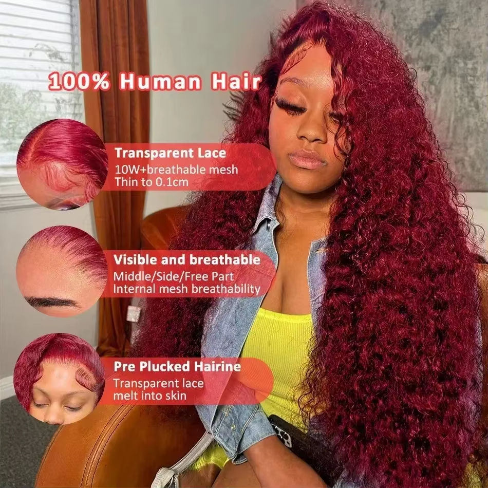 Miniatura: 99J Human Hair Wig Burgundy Deep Wave 13x6 HD Lace Front Wig Curly Red Color 13x