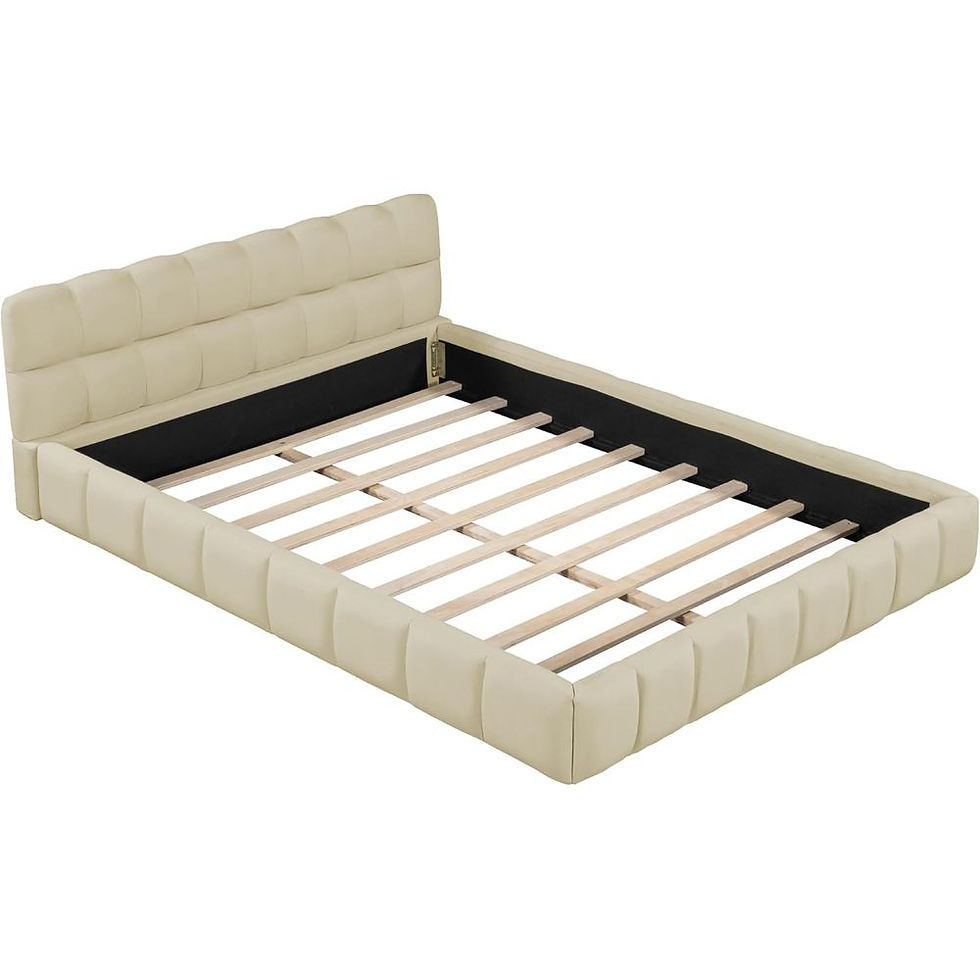 Miniaturbild: Beige Linen Wingback Upholstered Bed with Low Platform, No Box Spring Required