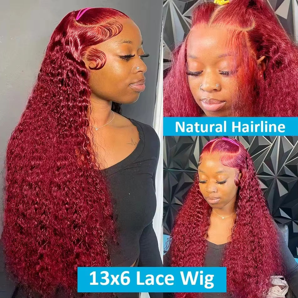 Miniatura: 99J Human Hair Wig Burgundy Deep Wave 13x6 HD Lace Front Wig Curly Red Color 13x