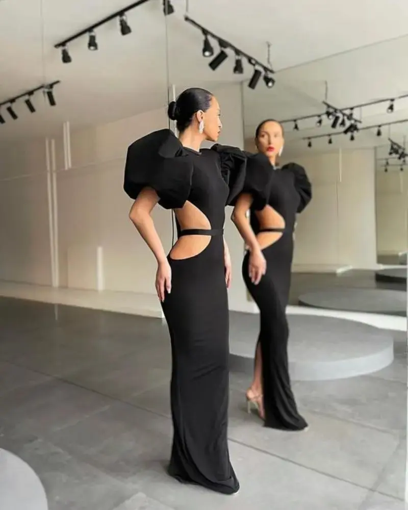 Thumbnail: 2024 new open back bow tie sexy long skirt bubble sleeve banquet evening dress h