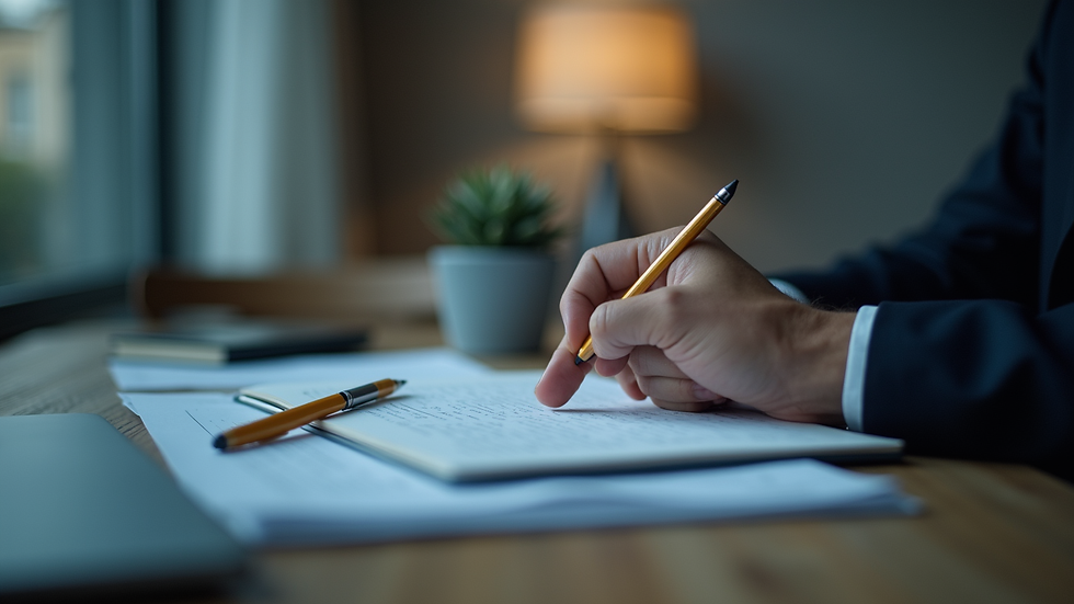 Vue rapprochée d'un bureau avec un rapport d'enquête sur le harcèlement