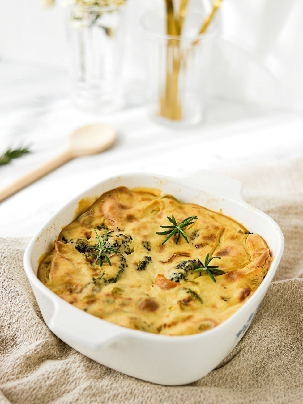Massa Gratinada com Brócolos, Ervilhas e Creme de Tofu