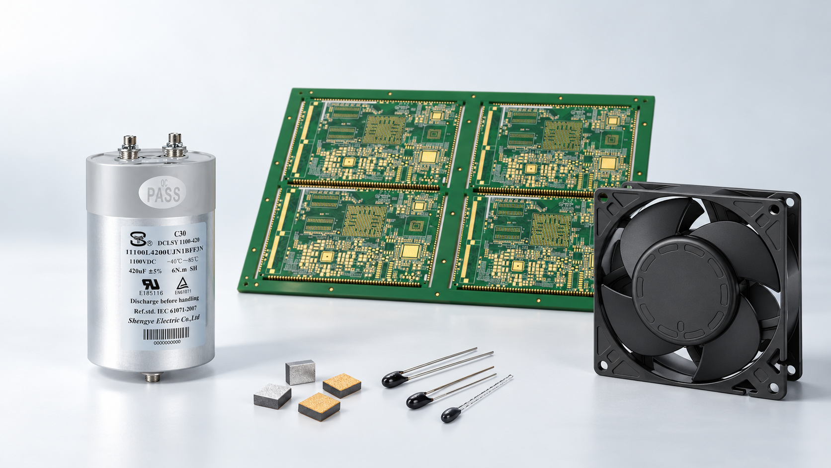 Editorial arrangement of a film capacitor, bare PCB panel, cooling fan and NTC sensing components