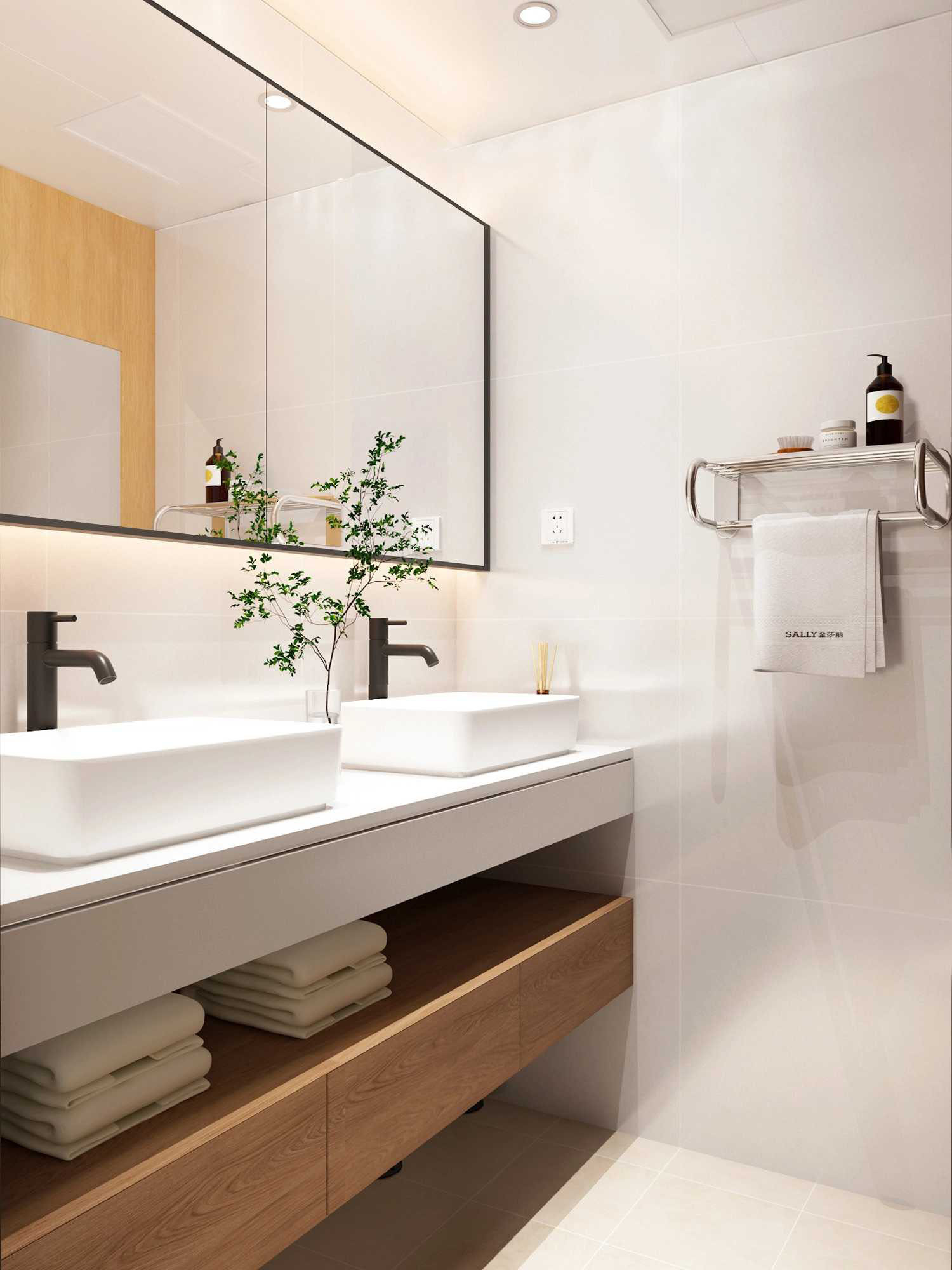 SALLY hotel-series bathroom design visual with tiled walls, a vanity, mirror and storage. Manufacturer material.