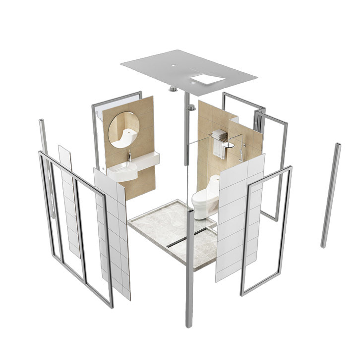 SALLY exploded illustration of bathroom panels, base, ceiling and fittings for on-site assembly