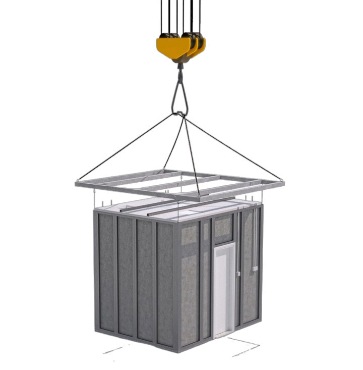 SALLY illustration of a complete bathroom pod being lifted by a frame