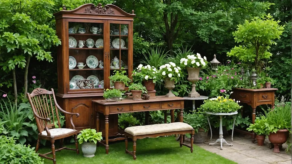 A beautifully arranged vintage garden display showcasing antique furniture and lush plants