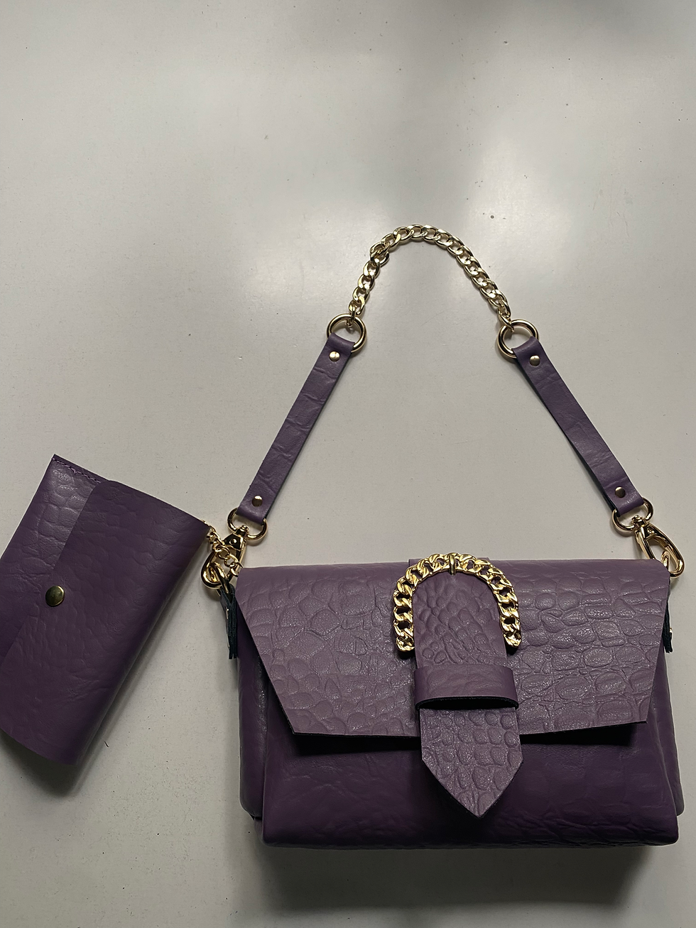 Thumbnail:  “Moving on" shoulder bag, purple, gold, sample