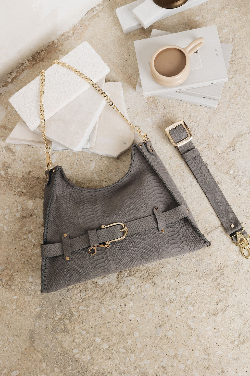 Thumbnail: "Together in electric dreams" shoulder bag, gray suede