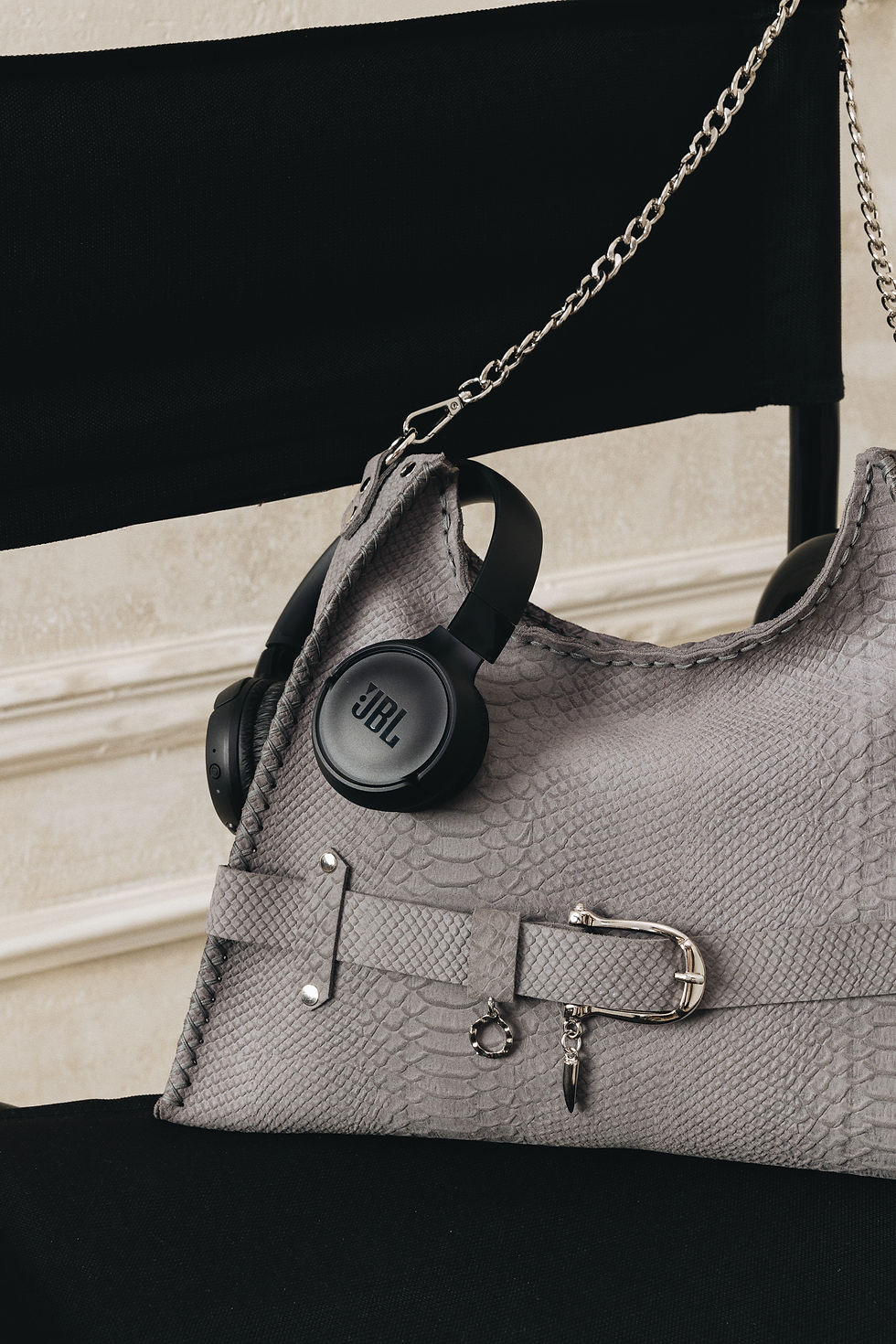 Thumbnail: "Together in electric dreams" shoulder bag, gray suede