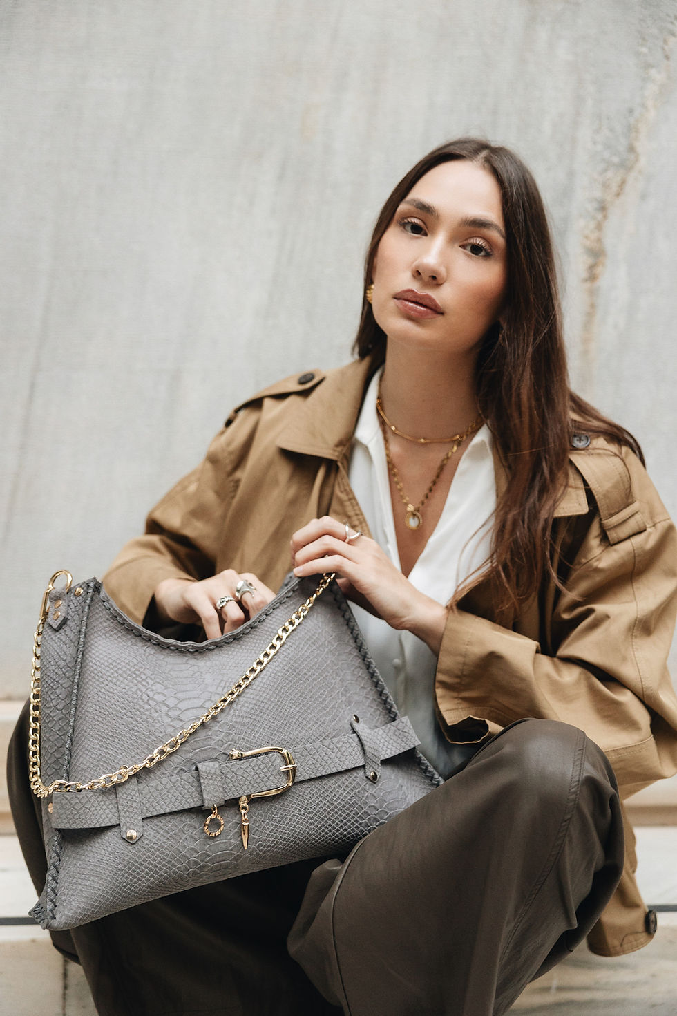 Thumbnail: "Together in electric dreams" shoulder bag, gray suede
