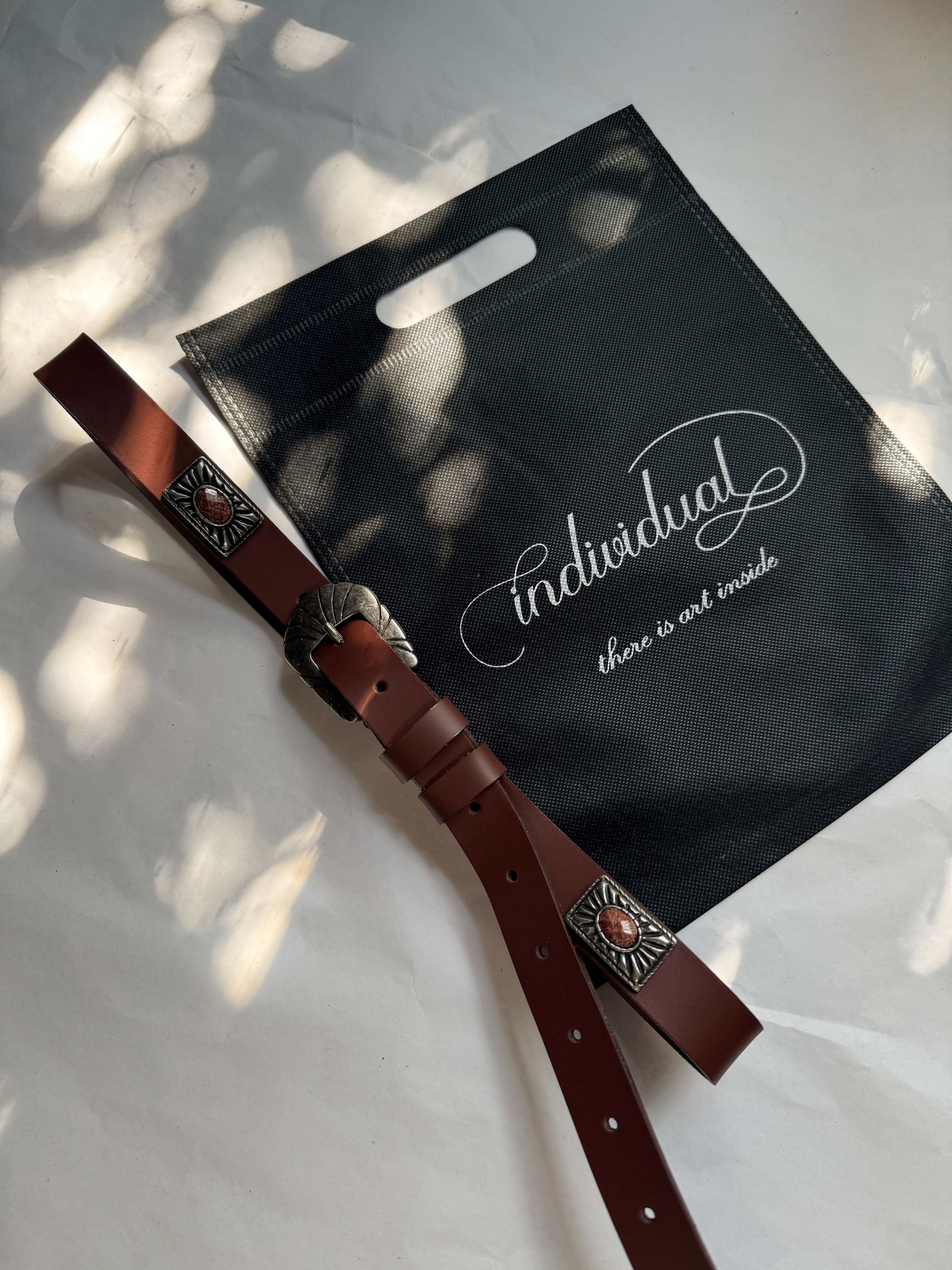 "Rejoice" leather belt, brown, nickel, sample