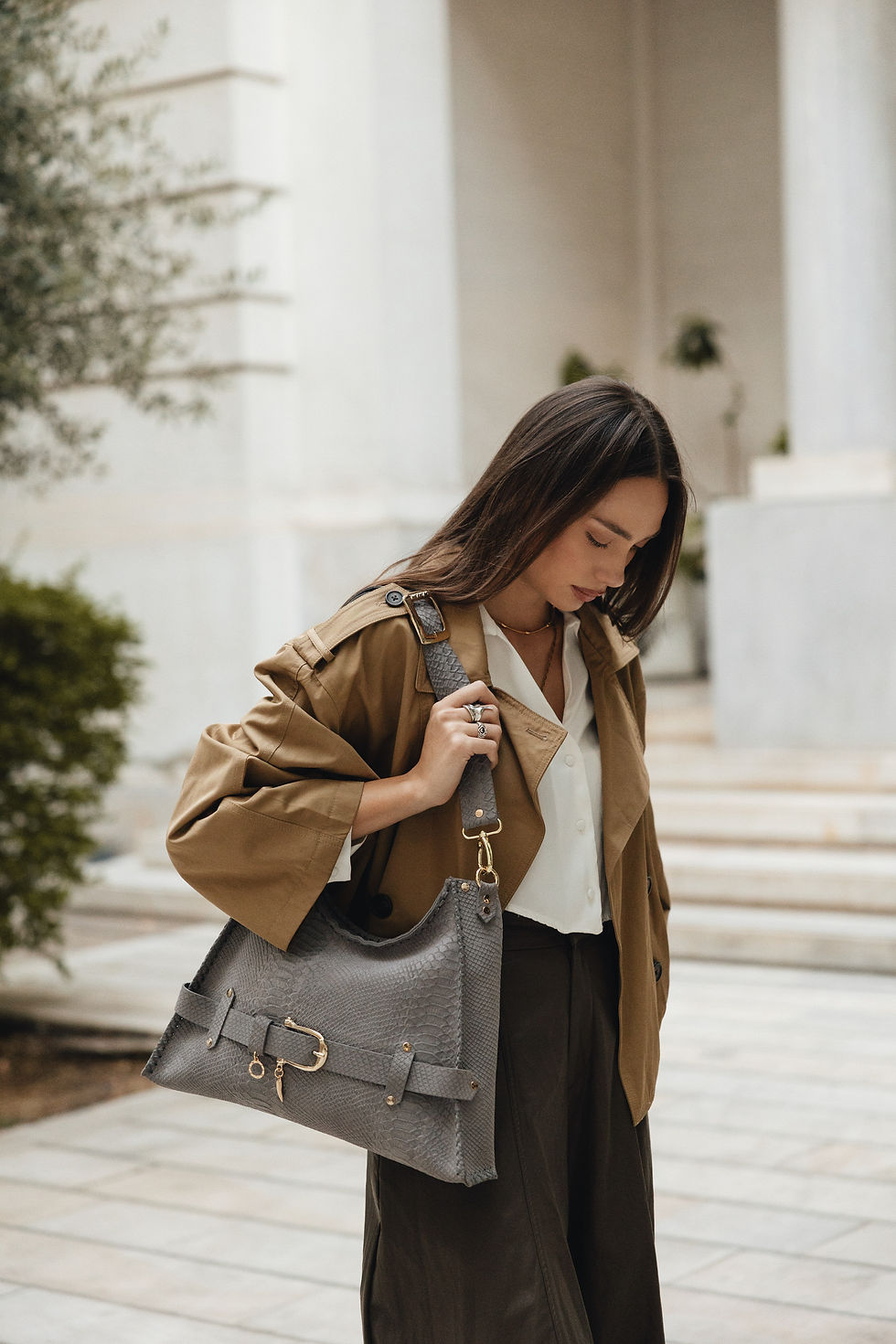 Thumbnail: "Together in electric dreams" shoulder bag, gray suede
