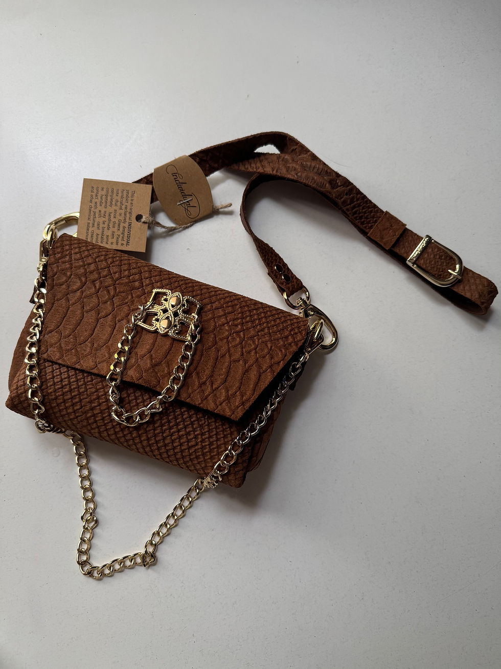Thumbnail: "Don't stop the dance" shoulder bag, chocolate suede, gold, sample