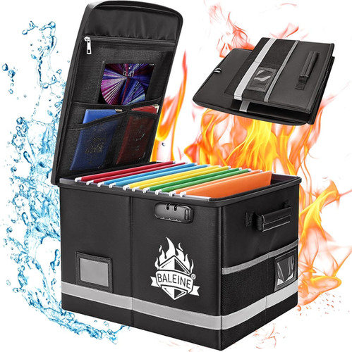 Fireproof Document Box with Lock, Foldable Water Resistant File