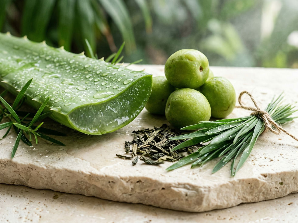 Natural skincare ingredients for teens including aloe, Kakadu plum and green tea