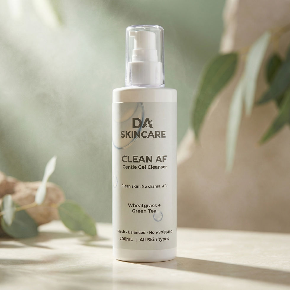 DA Skincare Clean AF Gentle Gel Cleanser on cream stone surface with soft rainforest morning light