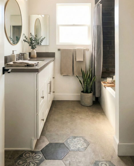 Modern guest bathroom featuring patterned blue and grey hexagon floor tiles and a white vanity with a concrete-look countertop.